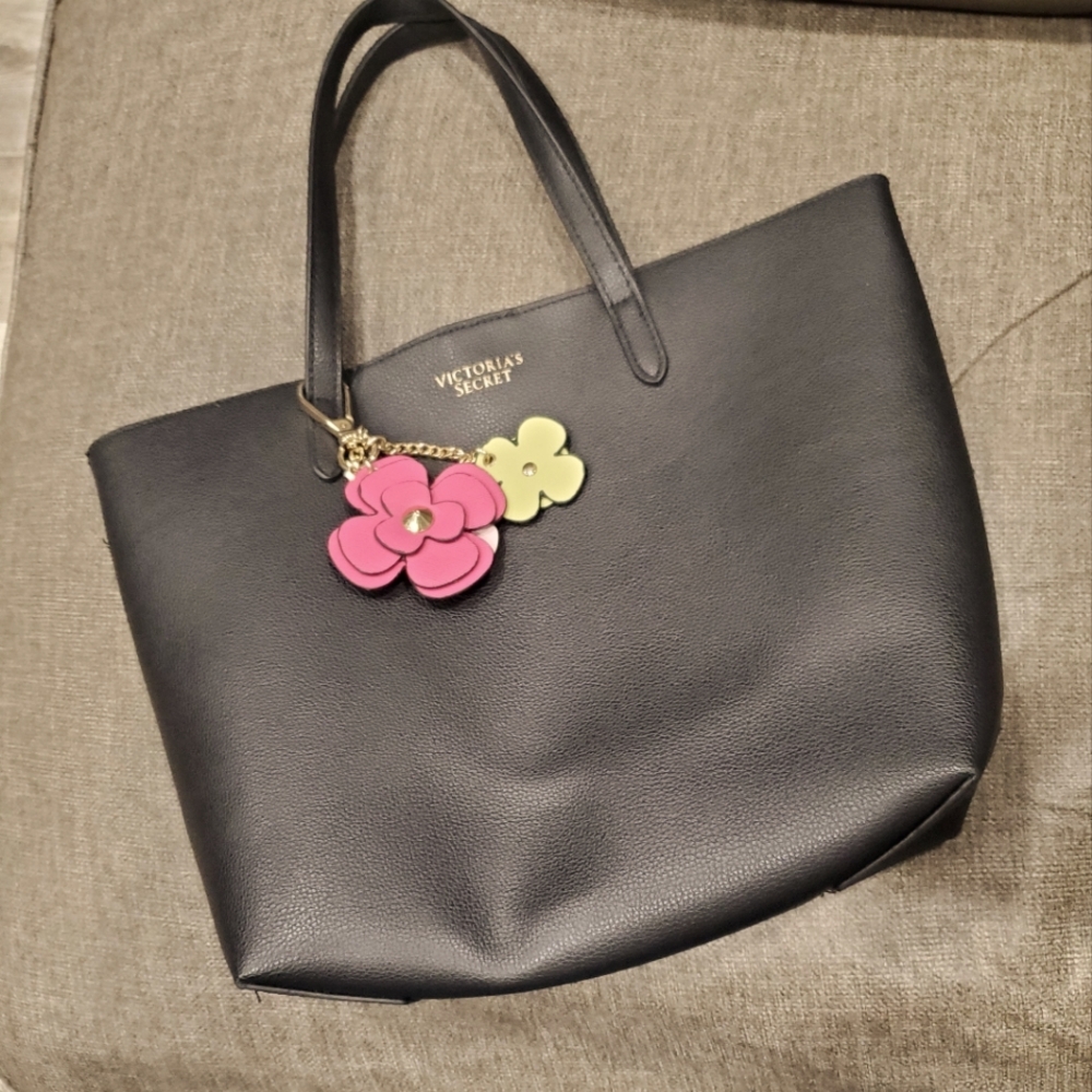 Victoria's Secret Black Tote Bag with Pink and Green Flowers on a Chain